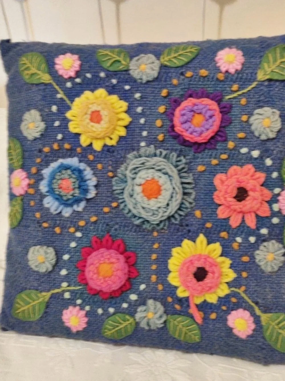 Vintage Wool Crewel Embroidered Pillow MOD Funky Flower Print Handmade 3D